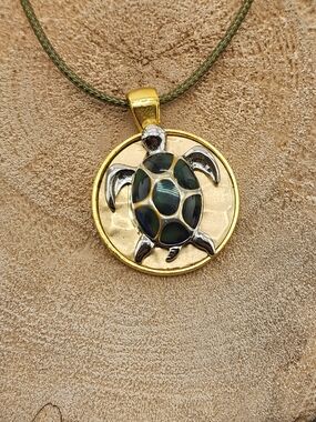 Gold-Tone Turtle Pendant Necklace with Green Enamel Shell